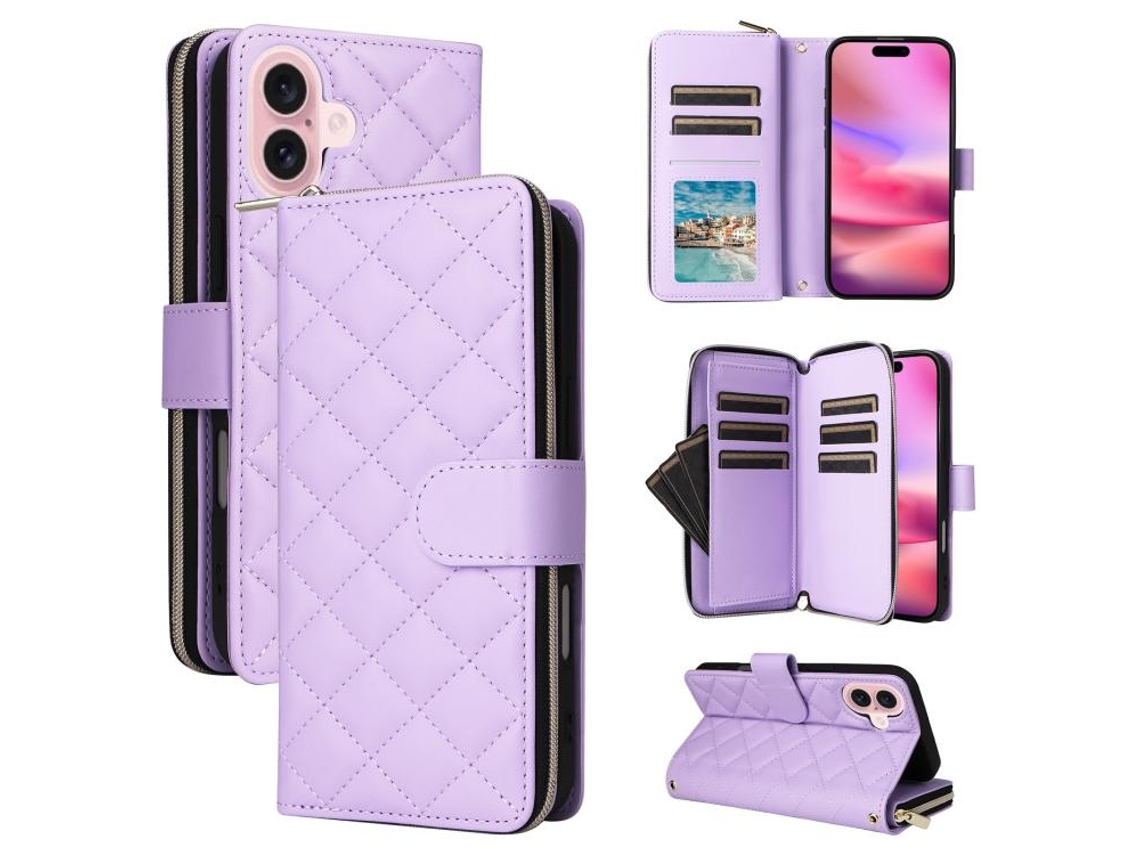 Capa Para Iphone 17 Em Couro Com Zíper Em Formato De Losango E Fivela Com Alça.