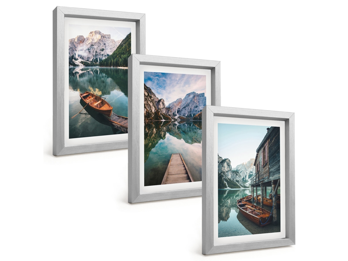 Conjunto De Pinturaslago, Montanhas, Barcos, Chalé Moldura Prateada Quadros Para A Sala De Estar Espelharte (3 Peças 20x30 Cm)