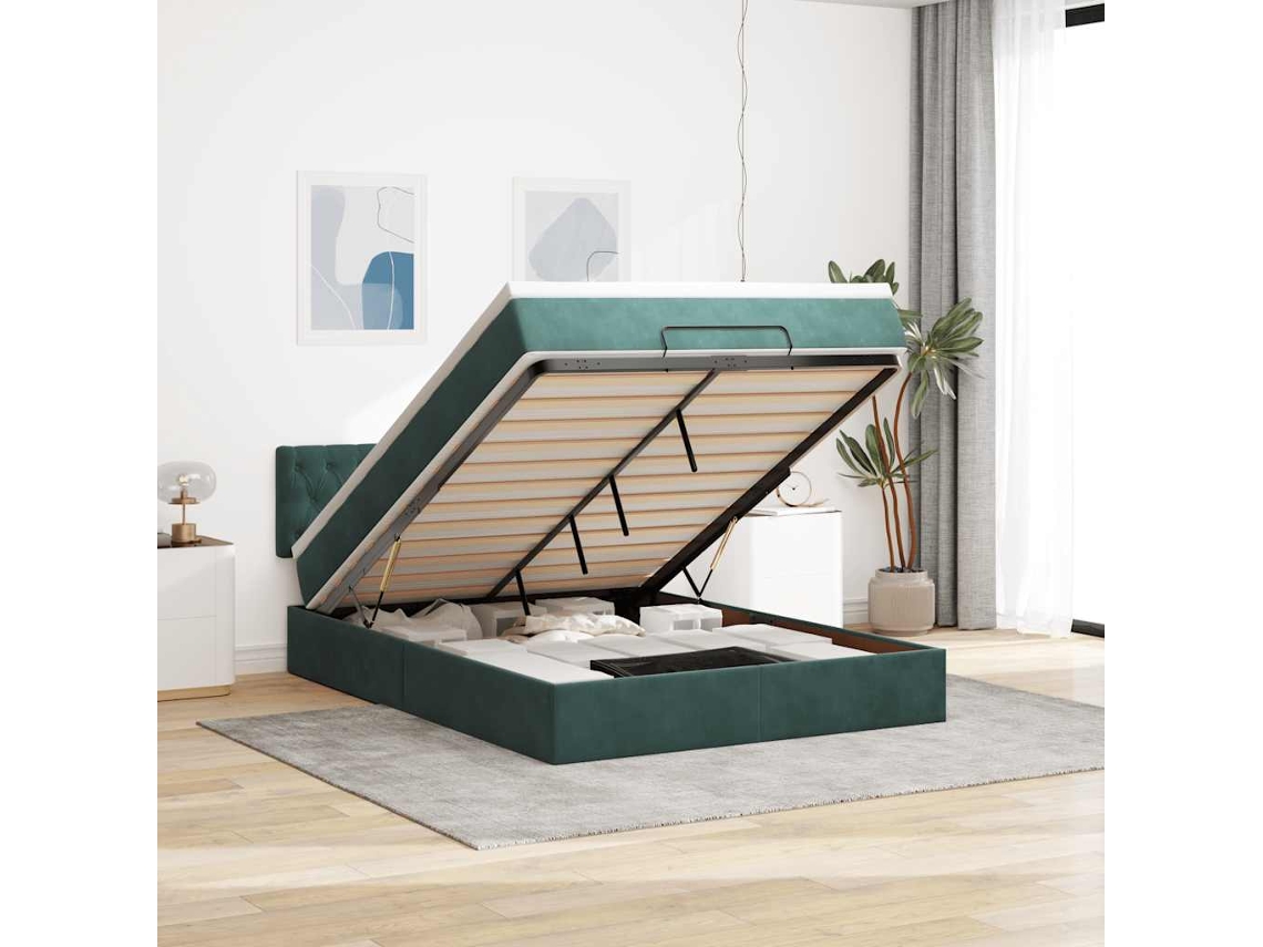 Estrutura De Cama Otomana Com Colchão 140x200 Cm Verde Escuro