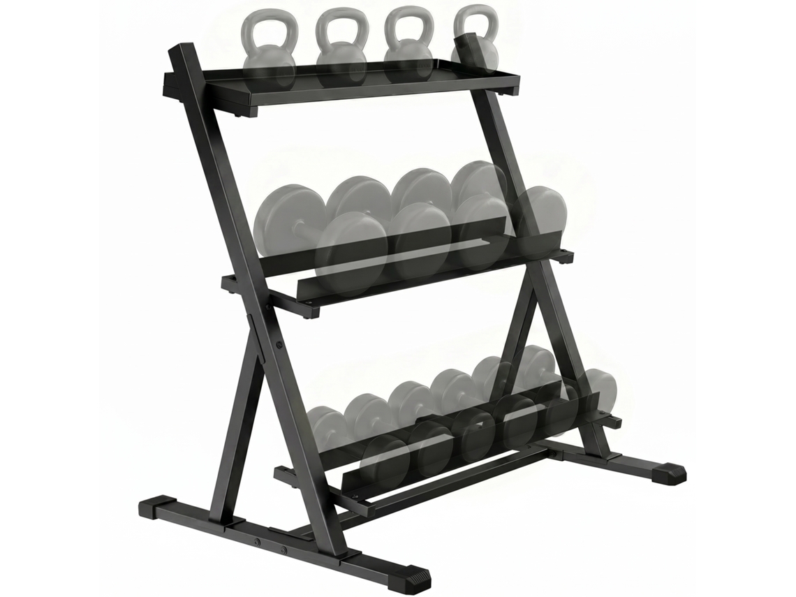 Porta Pesi com 3 níveis em aço. Capacidade 200 kg. 88x66x88 cm. Preta.