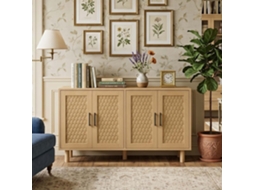 Aparador de carvalho com 4 portas de rattan PVC, 80x140x40 cm LAZYSPACE