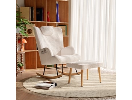 Cadeira De Baloiço Estofada Rosahqnda Com Apoio Para Os Pés, Ideal Para Sala De Estar, Quarto E Varanda, Veludo Teddy, Branco