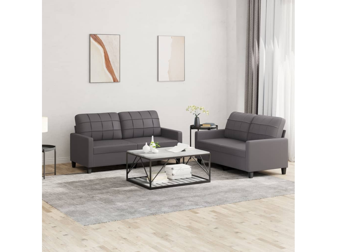 Vidaxl 2 Pcs Conjunto De Sofás C/ Almofadões Couro Artificial Cinzento