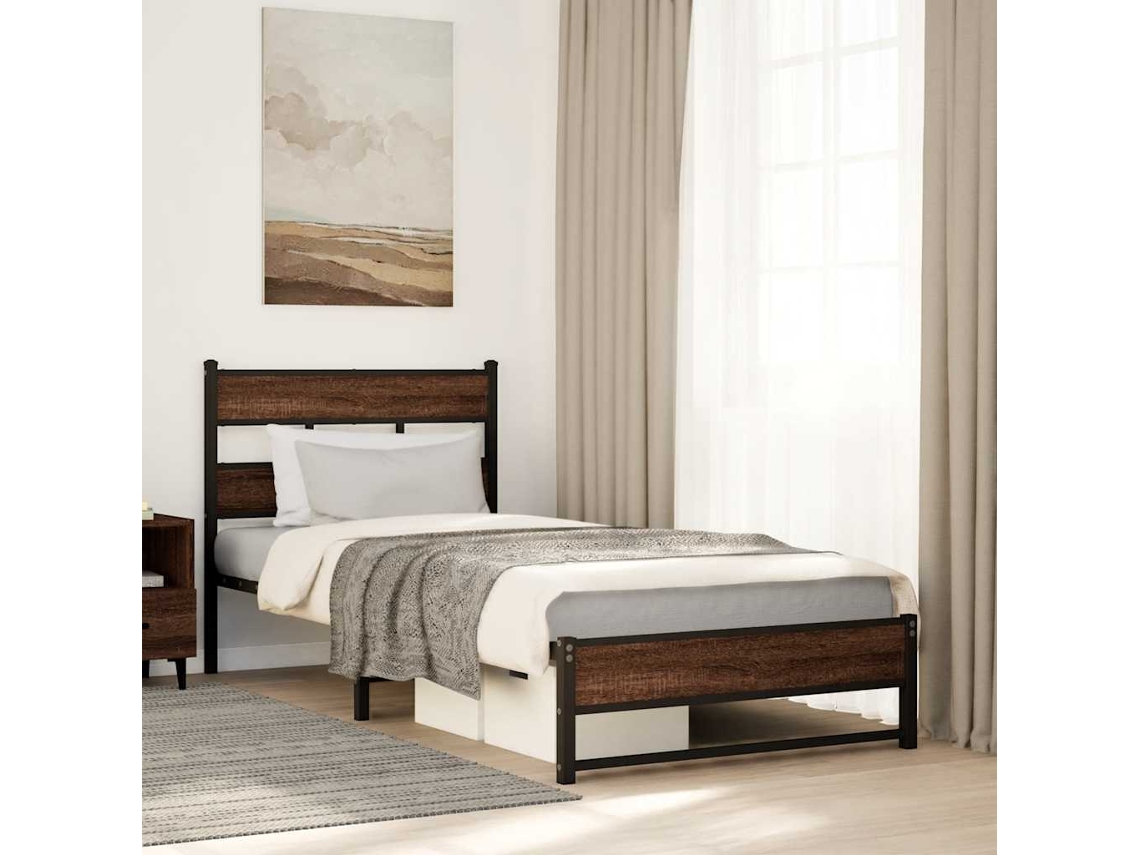 Vidaxl Estrutura De Cama Sem Colchão 100x200cm Metal Carvalho Castanho