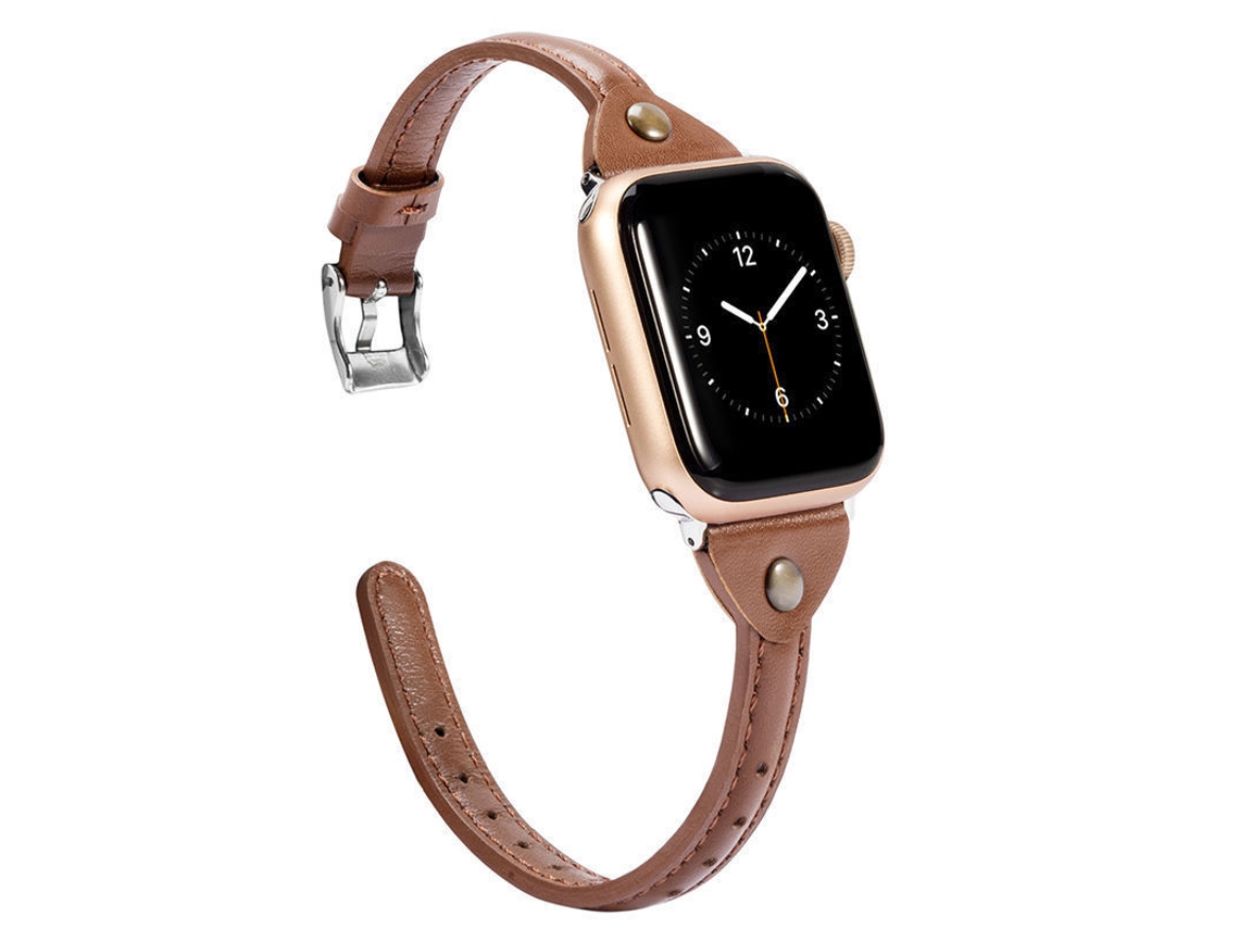Pulseira em couro genuíno no formato T para Apple Watch Series 1-7, 42, 44 e 45 mm, marrom com acabamento brilhante e Fivela.