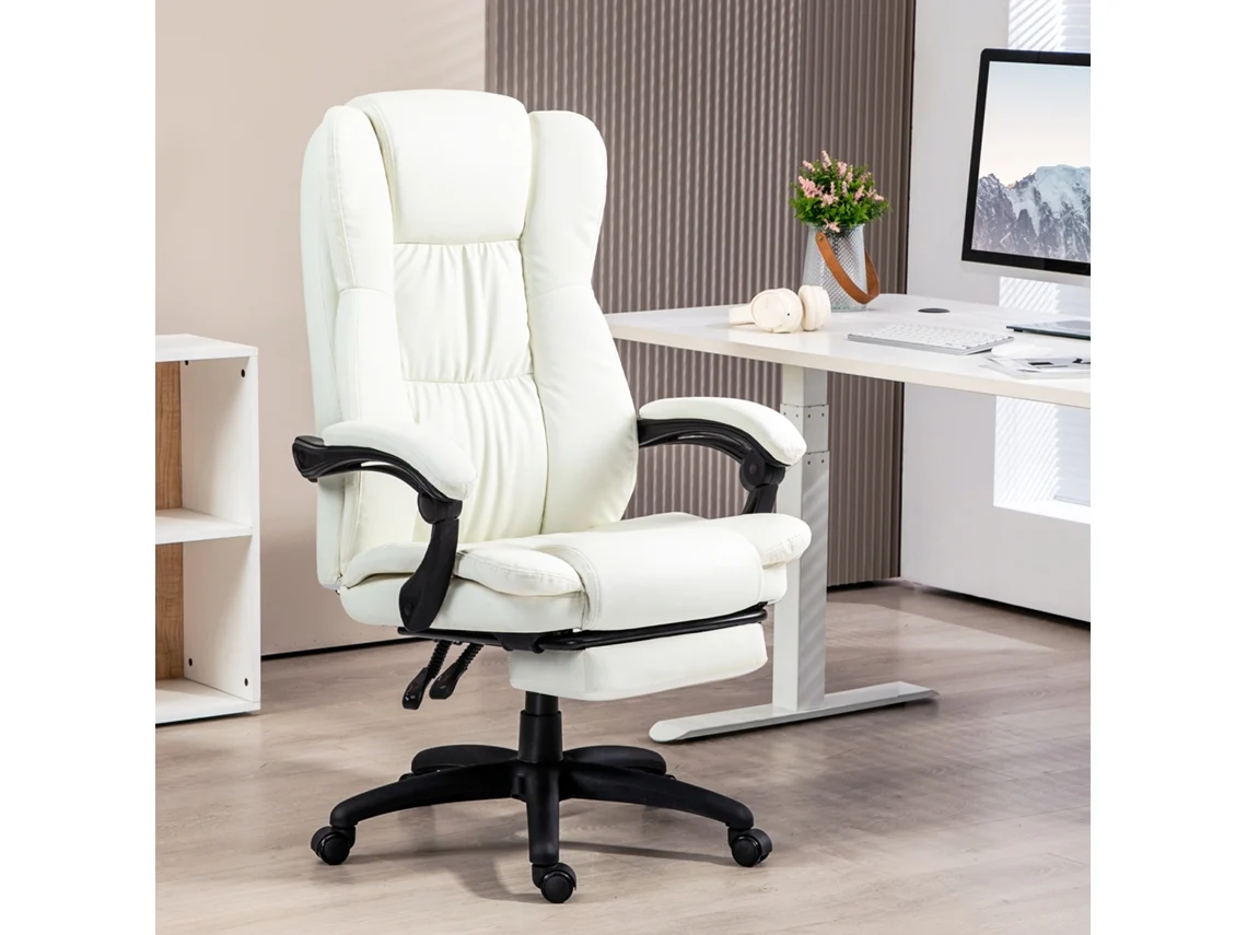 Cadeira De Escritório Com Altura Ajustável 6 Pontos De Massagem E Apoio Para Os Pés Retrátil 68,5x68,5x113-121 Cm Creme