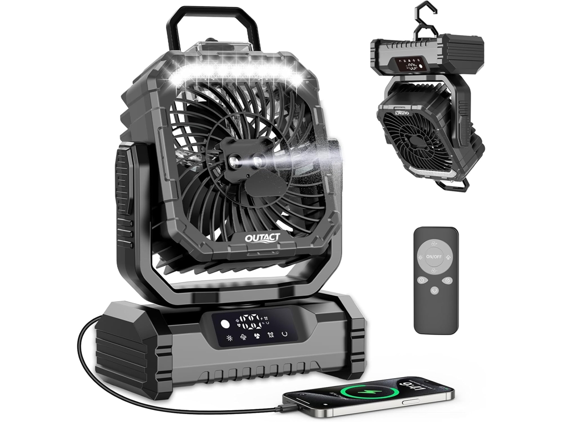 Ventilador e umidificador silencioso para camping, 20000 mAh - Oscilação de 90°, controle remoto, lanterna LED e 5 velocidades.