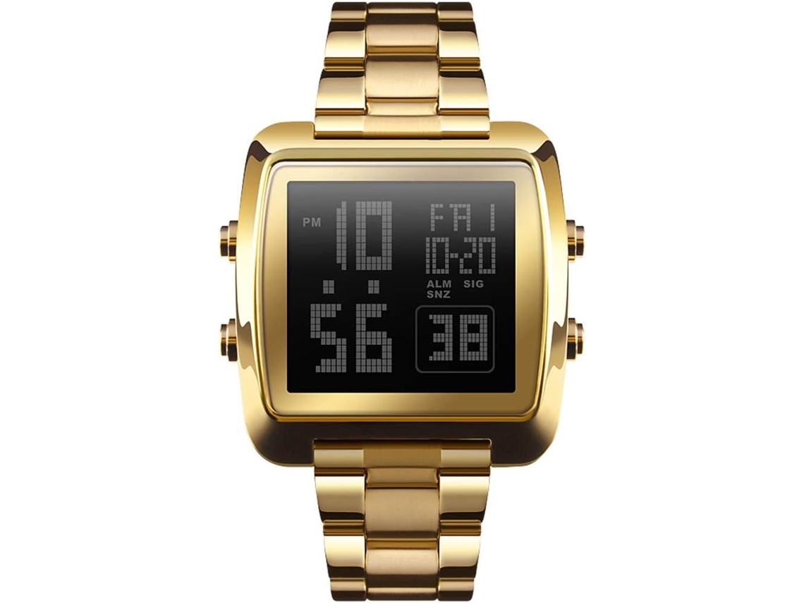 Lurelia Relógio Digital Masculino, Visor Digital, Led, Cronómetro, Alarme, Data/calendário, 12/24h, Duplo Fuso/mostrador, Aço Inoxidável, Rosa Ouro