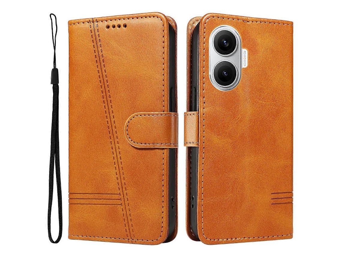 Capa Tipo Carteira Com Linhas Em Formato De T E Suporte Marrom Para Xiaomi Poco F7 5g / Xiaomi Redmi Turbo 4 Pro 5g