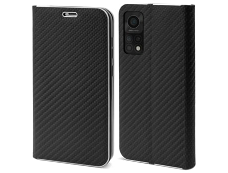 Capa Carteira MOOZY para Xiaomi Mi 10T 5G e Mi 10T Pro 5G Carbono Preto – Proteção de Borda Metálica com Fecho Magnético e Suporte para Cartão
