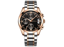 Relógio masculino de quartzo com pulseira de aço inoxidável, mostrador redondo, 3 fusos horários, preto com detalhes em vermelho/rosa.