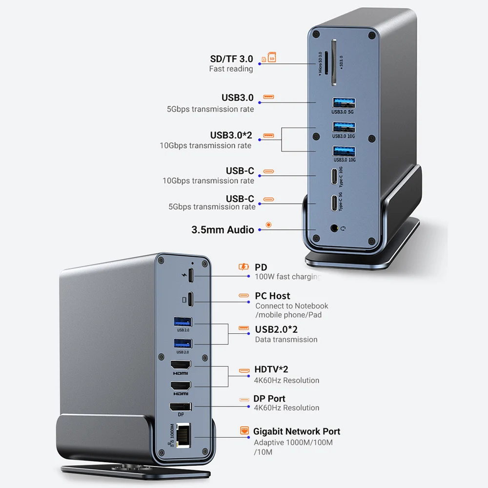 Doca MDUG Vertical 4k 60hz com Rj45, Usb3.0, Pd100w, Slot para Cartão Sd/tf e Áudio 3,5 Mm (15 em 1)