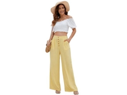 2026 calças Largas de Algodão e Linho para Mulher com Cintura Alta e Bolsos Verão Flowy XXL Amarillo