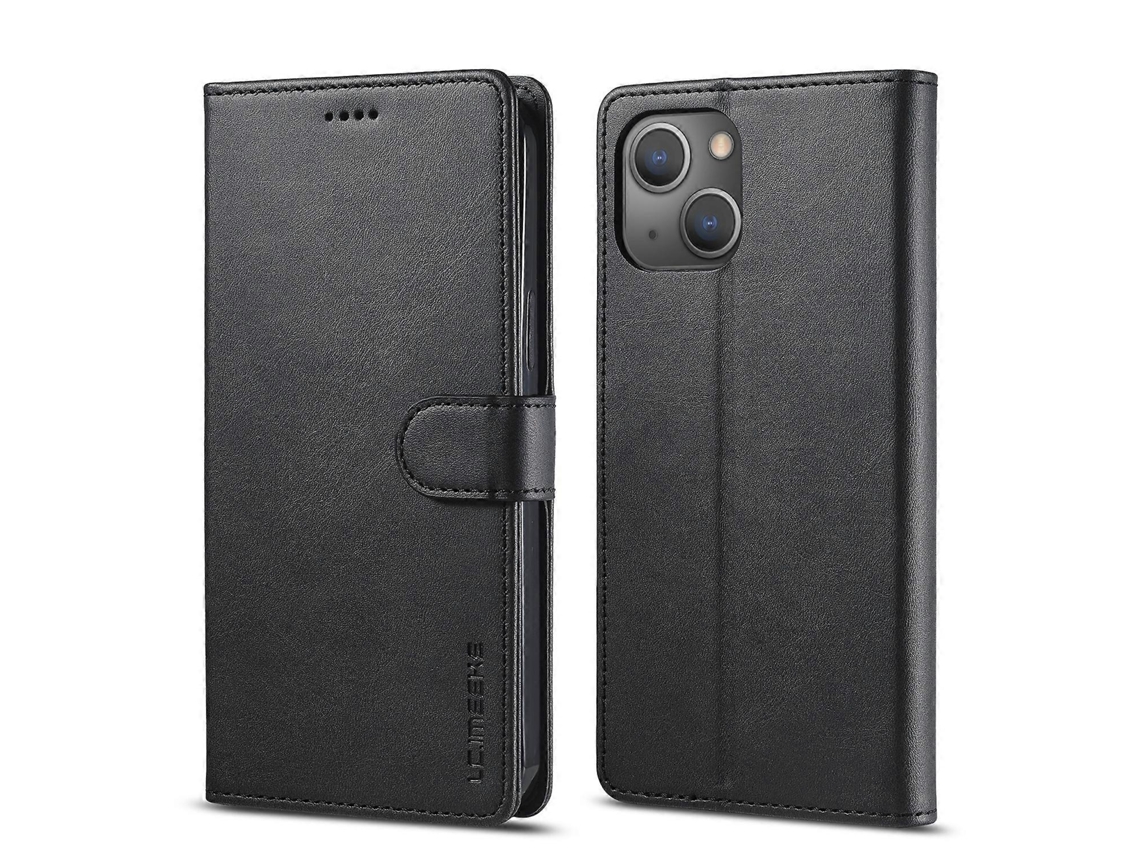 Capa De Couro Com Textura De Bezerro Horizontal Para Iphone 14, Preta