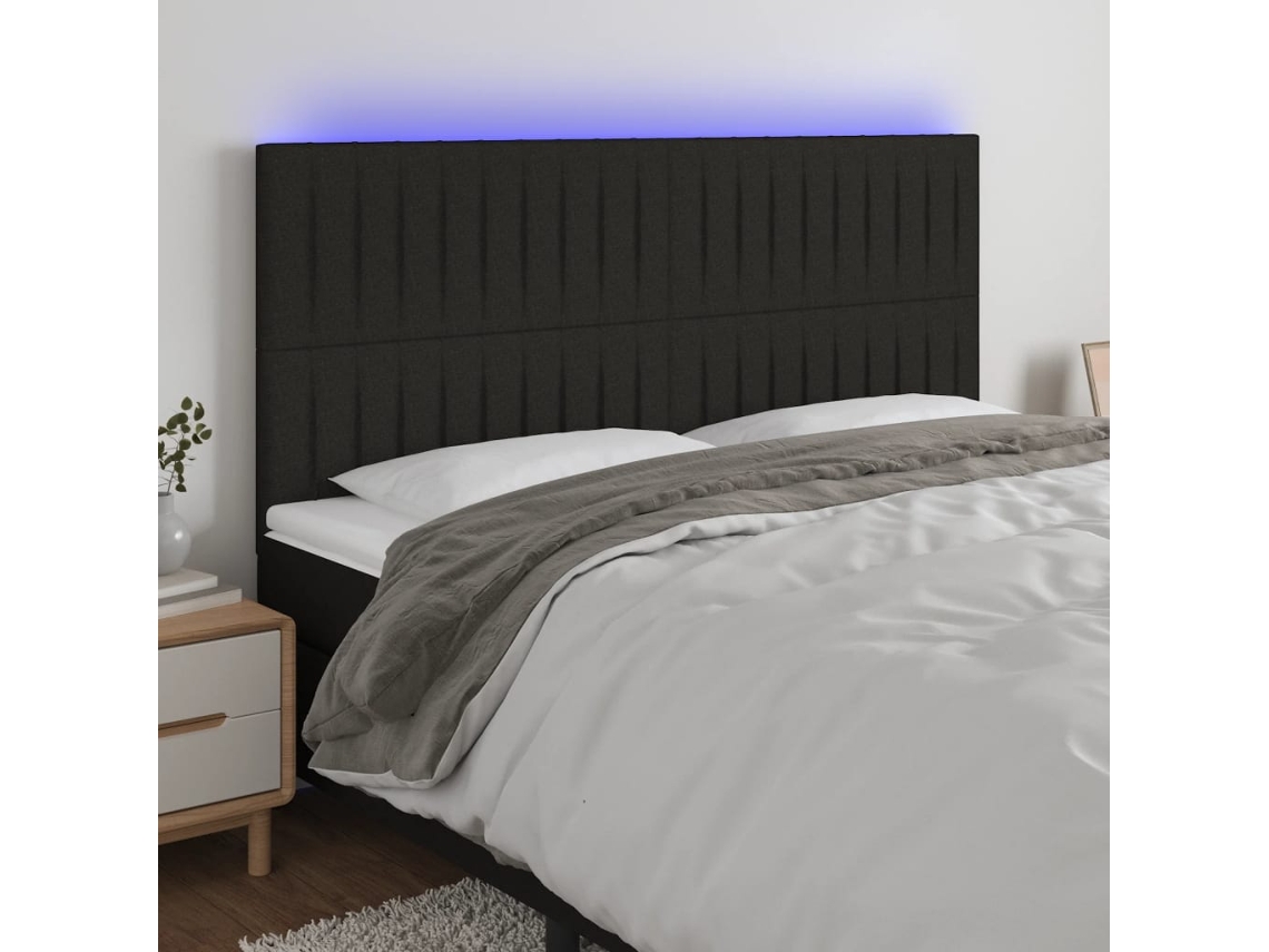 Cabecero con luces LED, tela, 200x5x118/128 cm, negro