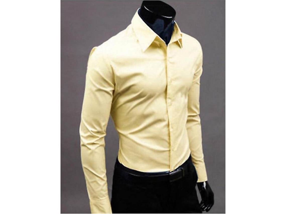 2026 camisa de Homem Elegante Slim Fit com Gola Redonda, Manga Longa, Casual e Formal de Algodão XL Amarelo Claro