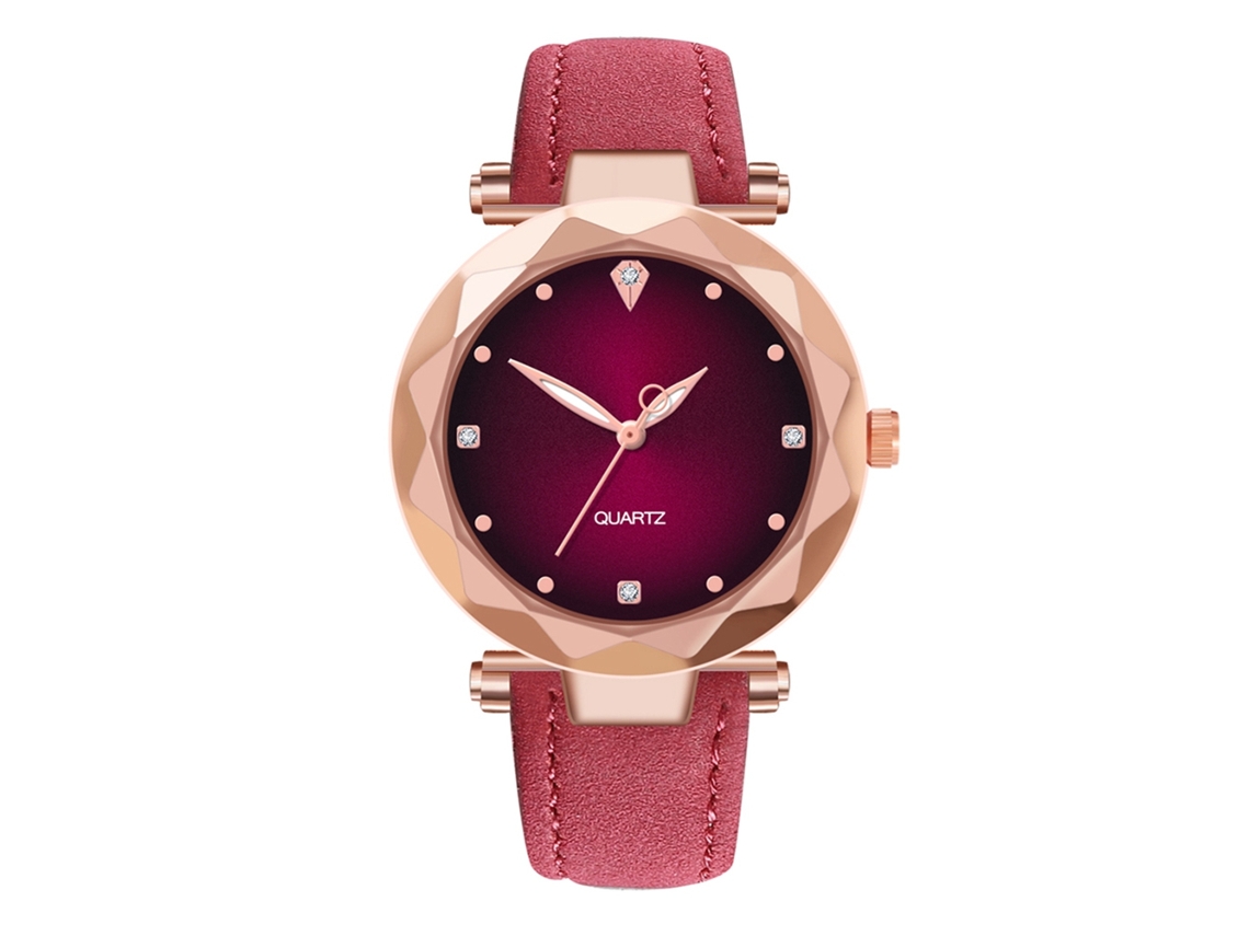 Reloj De Pulsera Para Mujer De Cuero Pu Con Movimiento De Cuarzo Rojo Rosa Simple