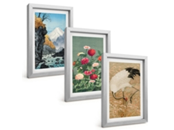 Composição De Quadrospaisagem De Montanha, Rio, Flores E Garças Moldura Prateada Imagens Para Um Quarto Infantil Espelharte (3 Peças 20x30 Cm)