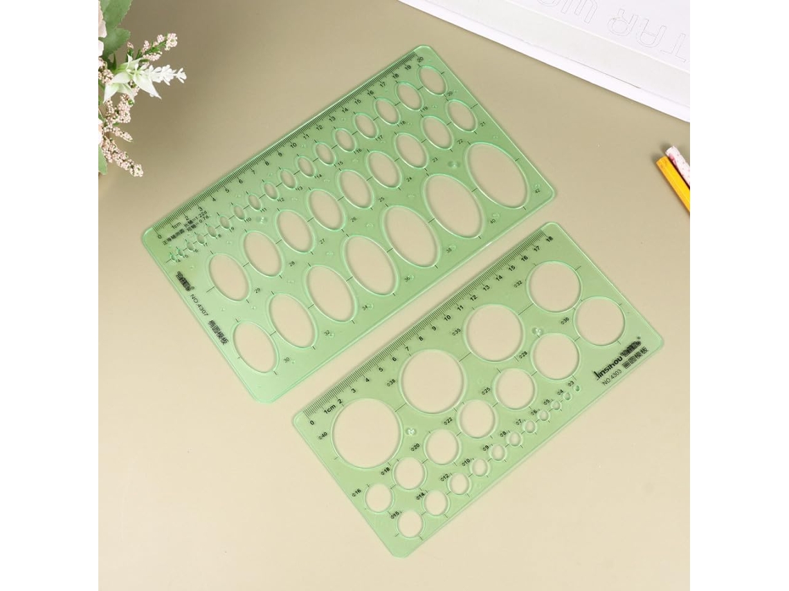 Conjunto de 2 réguas geométricas de plástico transparente para bêbados, modelos de desenho, medições matemáticas e desenho.