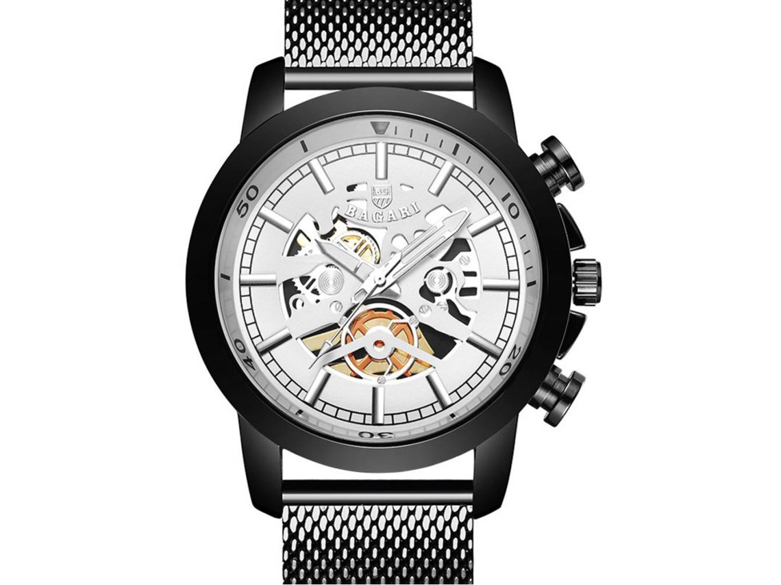 Relógio de pulso esportivo masculino Bagari, elegante e moderno, em aço inoxidável, preto e branco.