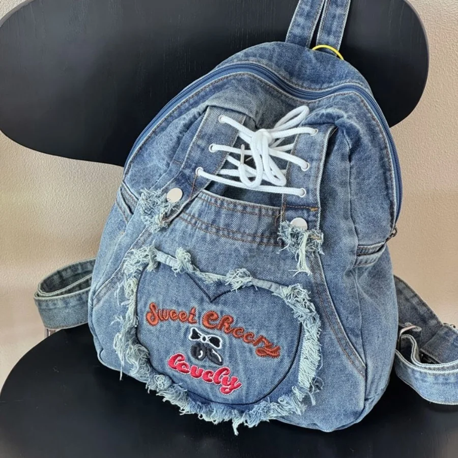 Mochila Feminina Em Jeans Azul, Estilo Universitário, Bolsa De Ombro Para Meninas.