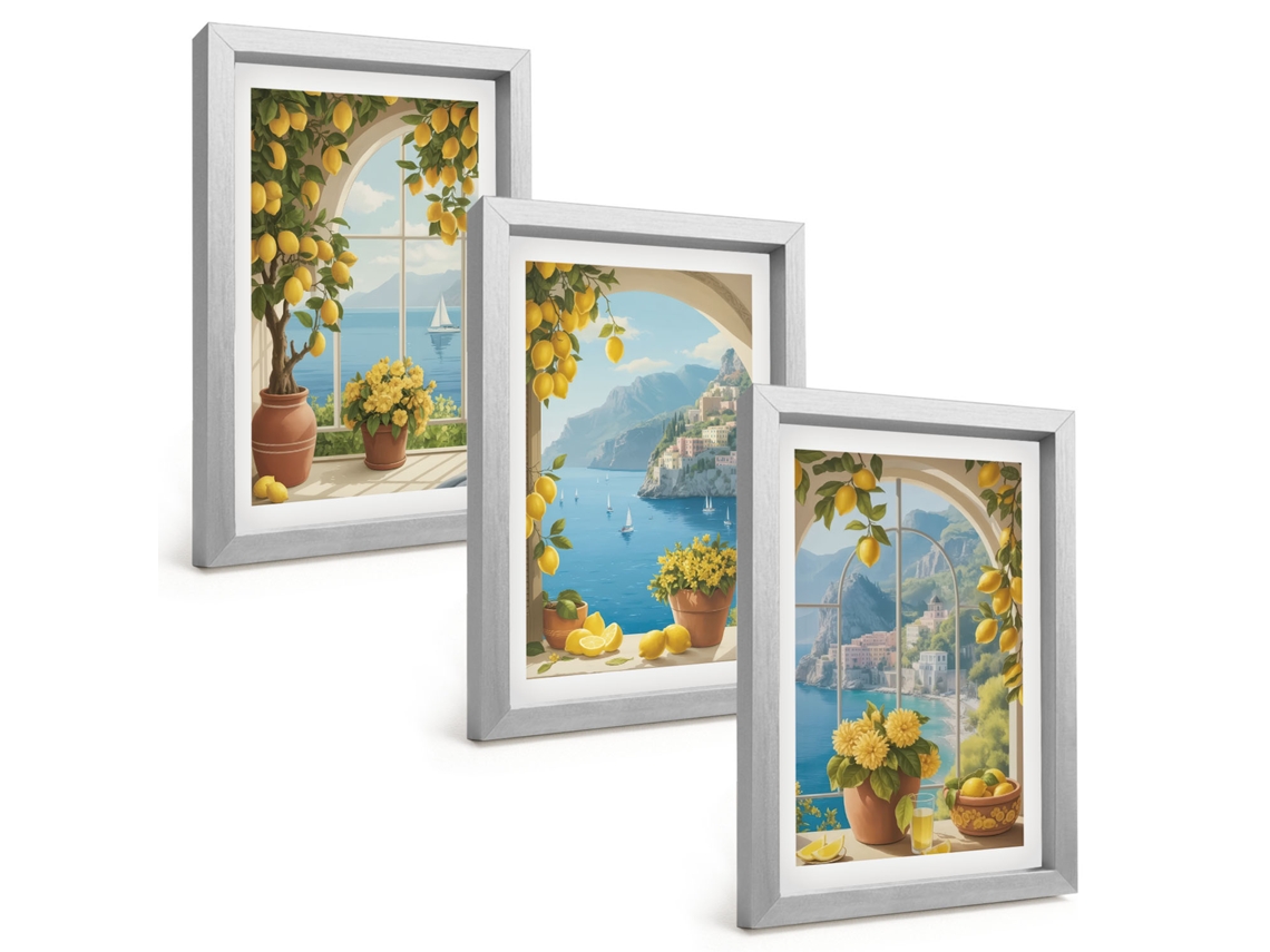 Quadros Decorativos Para Paredepaisagens Marítimas, Limões E Janelas Moldura Prateada Quadros Para O Escritório Espelharte (3 Peças 20x30 Cm)