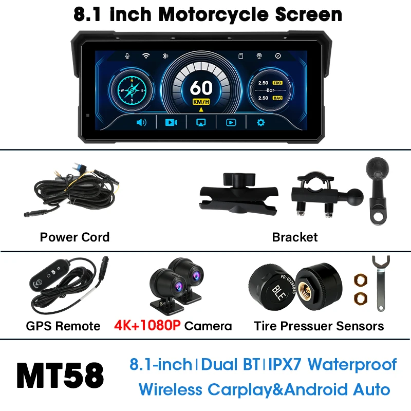 (gps-tpms) Navegação Para Motocicleta De 8,1 Polegadas, 4k, Carplay À Prova D'água