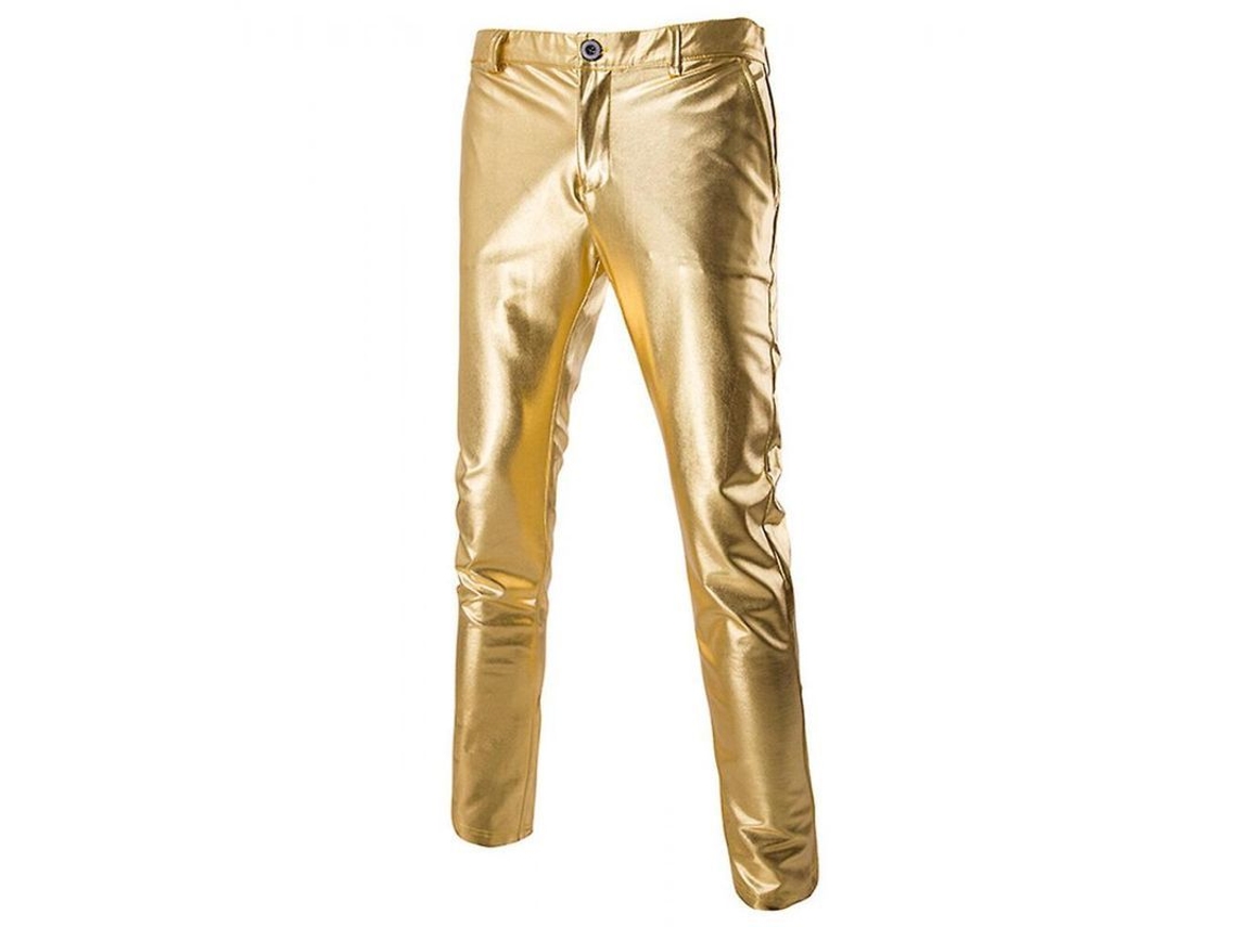 2026 pantalones de Cuero Casual de Cintura Media Bronceado Brillante para Hombres Ptn L Oro