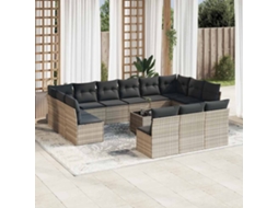 Vidaxl 14 Pcs Conj. Sofás Jardim Com Almofadões Vime Pe Cinzento-claro