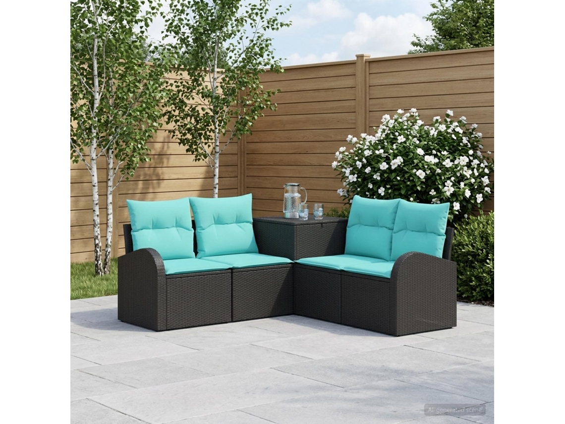 Vidaxl Conjunto De Sofás 5 Unid. Preto E Azul Rattan Poliéster E Aço