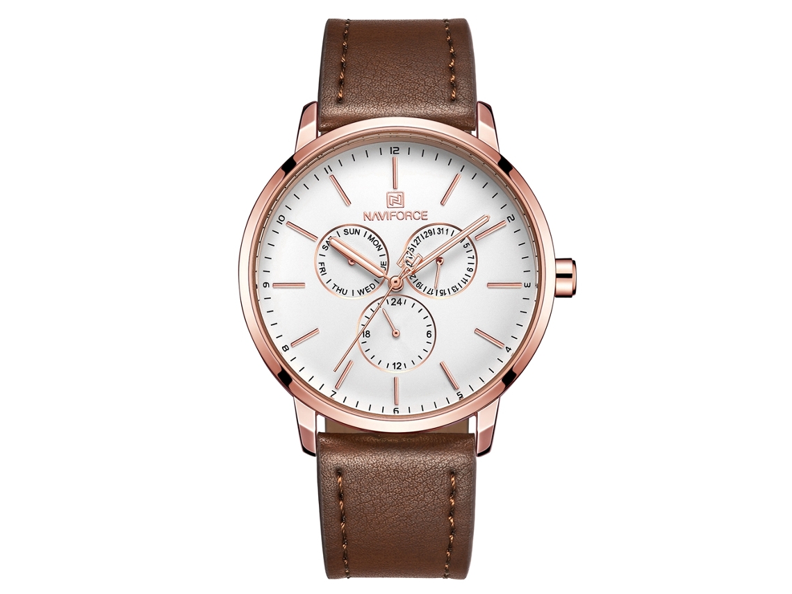 Relógio masculino de quartzo com pulseira de couro, resistente à água até 3 ATM, mostrador com três indicadores (branco/rosa)