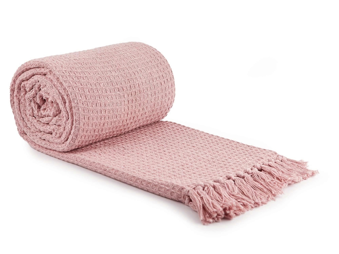 Rebe manta de Sillón Sofá de Algodón Reciclado Textura Waffle Cor Rosa Pistacho 130*170cm