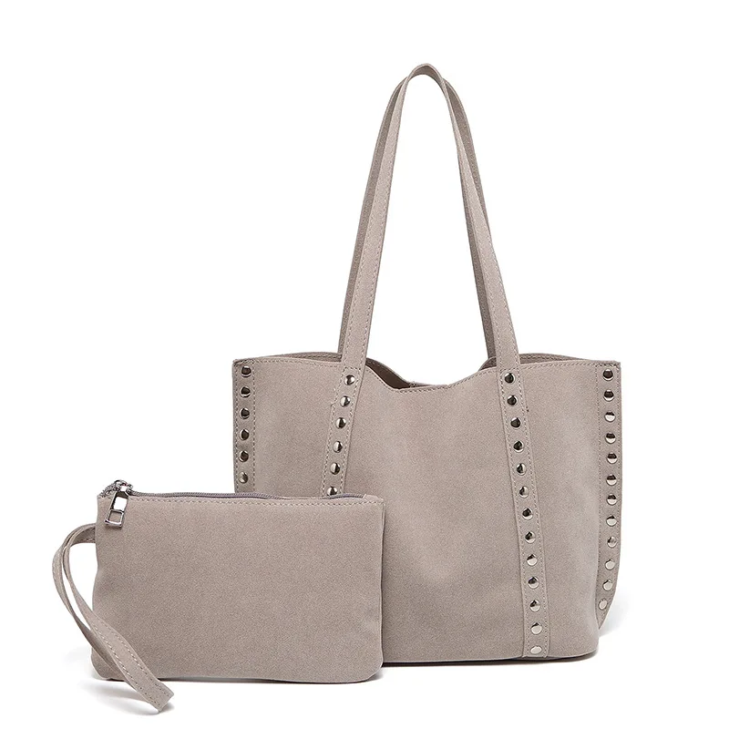 (cinza) Bolsa Feminina Vintage Em Camurça Sintética Com Tachas, Bolsa Feminina Em Couro Fosco.