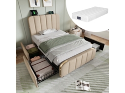 Cama Solteiro 90x200cm Bege Com Apoio Cabeça Usb-c E 4 Gavetas