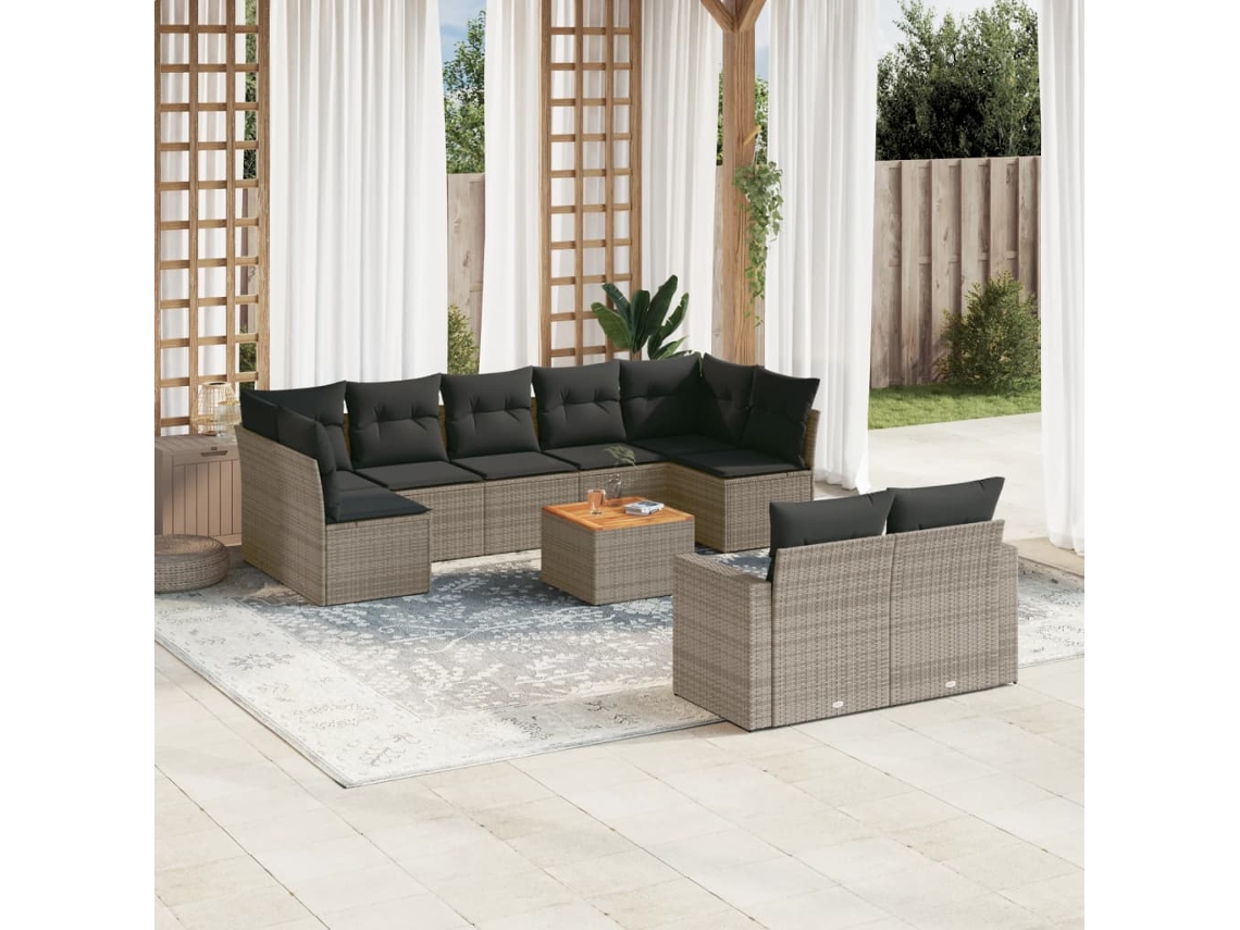 Vidaxl 10 Pcs Conjunto Sofás De Jardim C/ Almofadões Vime Pe Cinzento