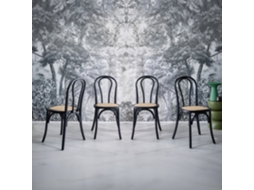 Cadeira Vintage Em Madeira E Revestida Em Rattan, Set De 4, Preto