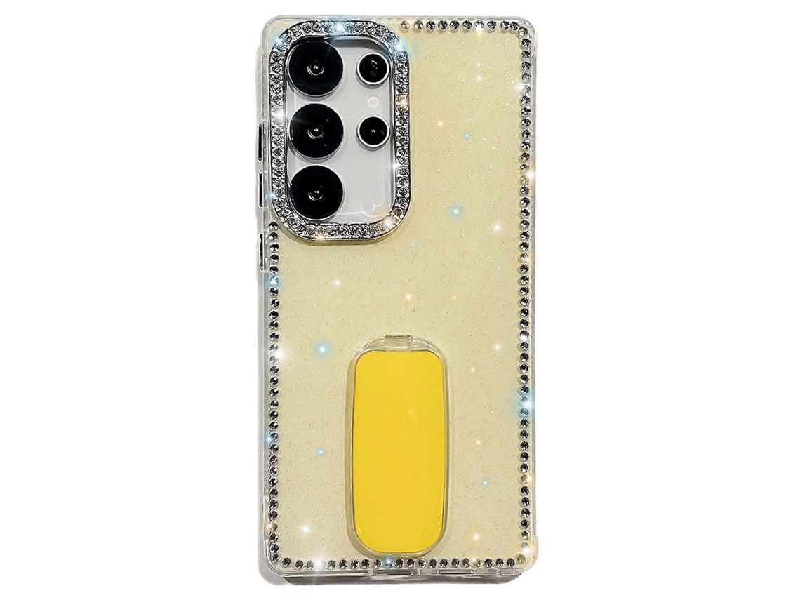 Capa Tkdaddy Para Samsung Galaxy S24 Ultra Com Suporte De Espelho Reto E Bordas De Strass Tpu Pc Imd Capa De Celular Com Glitter Amarelo Claro