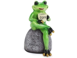 Estátua De Rã De Resina Sentada Bebiendo Café Decoración Creativa Verde Lindo 15x9cm