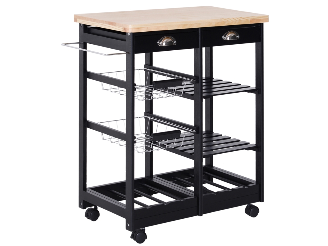 Carrinho de Apoio S/MARCA, com Rodas, para Legumes, com 2 Gavetas, 2 Cestos, 2 Prateleiras, 74x37x76 Cm Preto