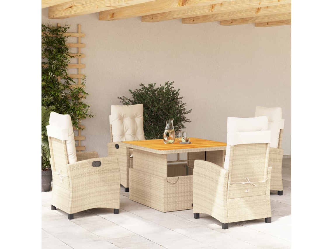 Vidaxl 5 Pcs Conjunto De Jantar P/ Jardim Com Almofadões Vime Pe Bege