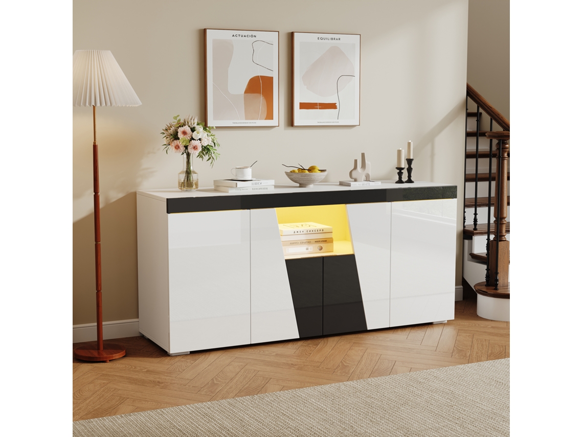 Aparador de sala de estar ZIWEI STORE com 3 gavetas e 4 portas, Faixa Led (140x40x65 cm, branco + branco)