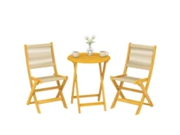 Conjunto de jardim em madeira com 2 cadeiras dobráveis e mesa redonda ZENCORE SERVICES natural