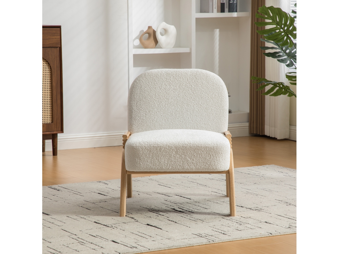 NOVELA Poltrona lounge escandinava 82x70cm, chenille macio, estrutura de madeira resistente, cor marfim