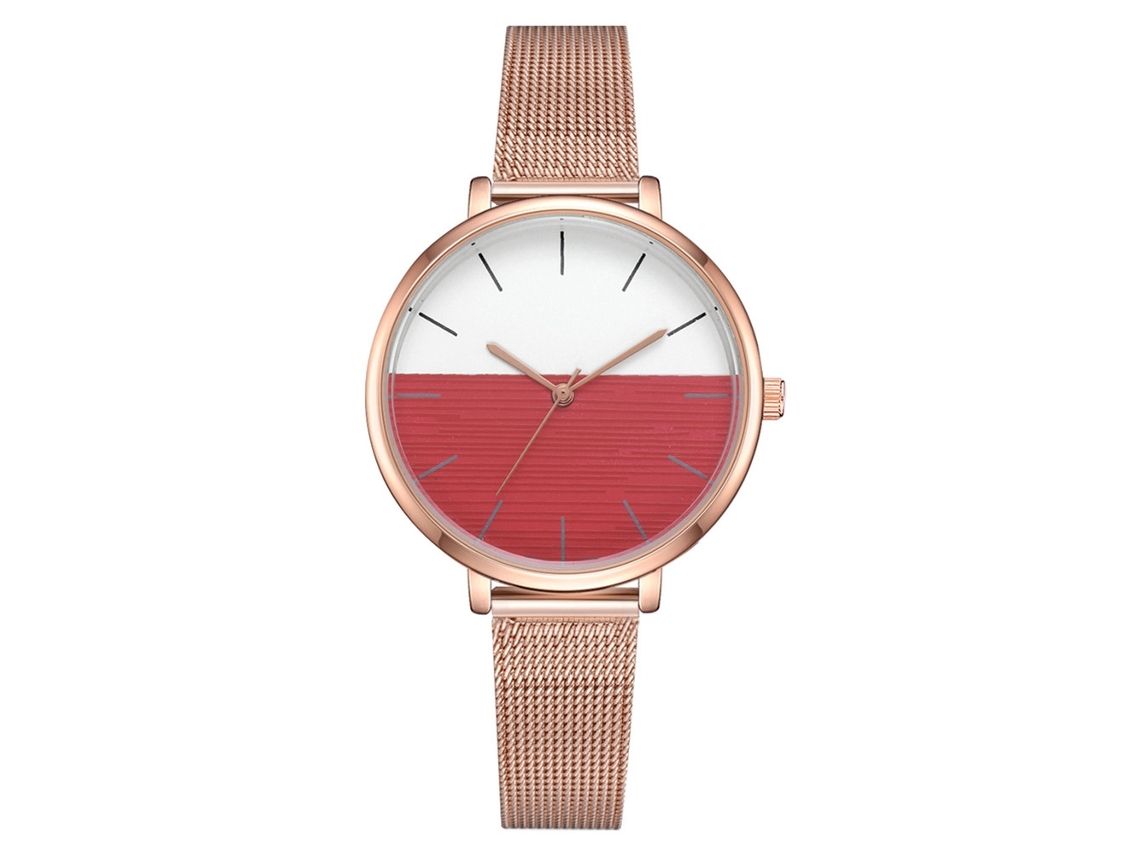 Relógio de Pulso Feminino Simples de Metal com Malha Ouro Rosa e Esfera Vermelha