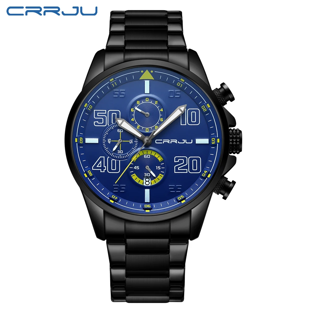 Relógio Masculino (preto E Azul), Cronógrafo À Prova D'água Com Mostrador Grande Em Aço Inoxidável.