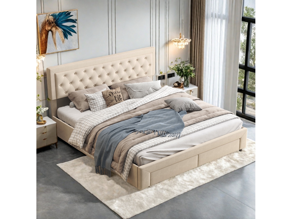 Cama De Casal De Veludo Bege, 180x200 Cm, Com Cabeceira Tachada, Baú Hidráulico E 2 Gavetas.
