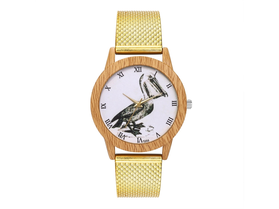 Relógio de quartzo com pulseira de silicone, mostrador redondo, numerais romanos, unissex, dourado.