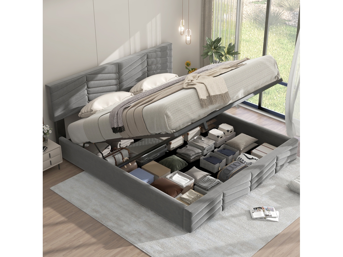 Cama Hidráulica Veludo Cinza 160x200 Cabeceira Ajustável Europeu