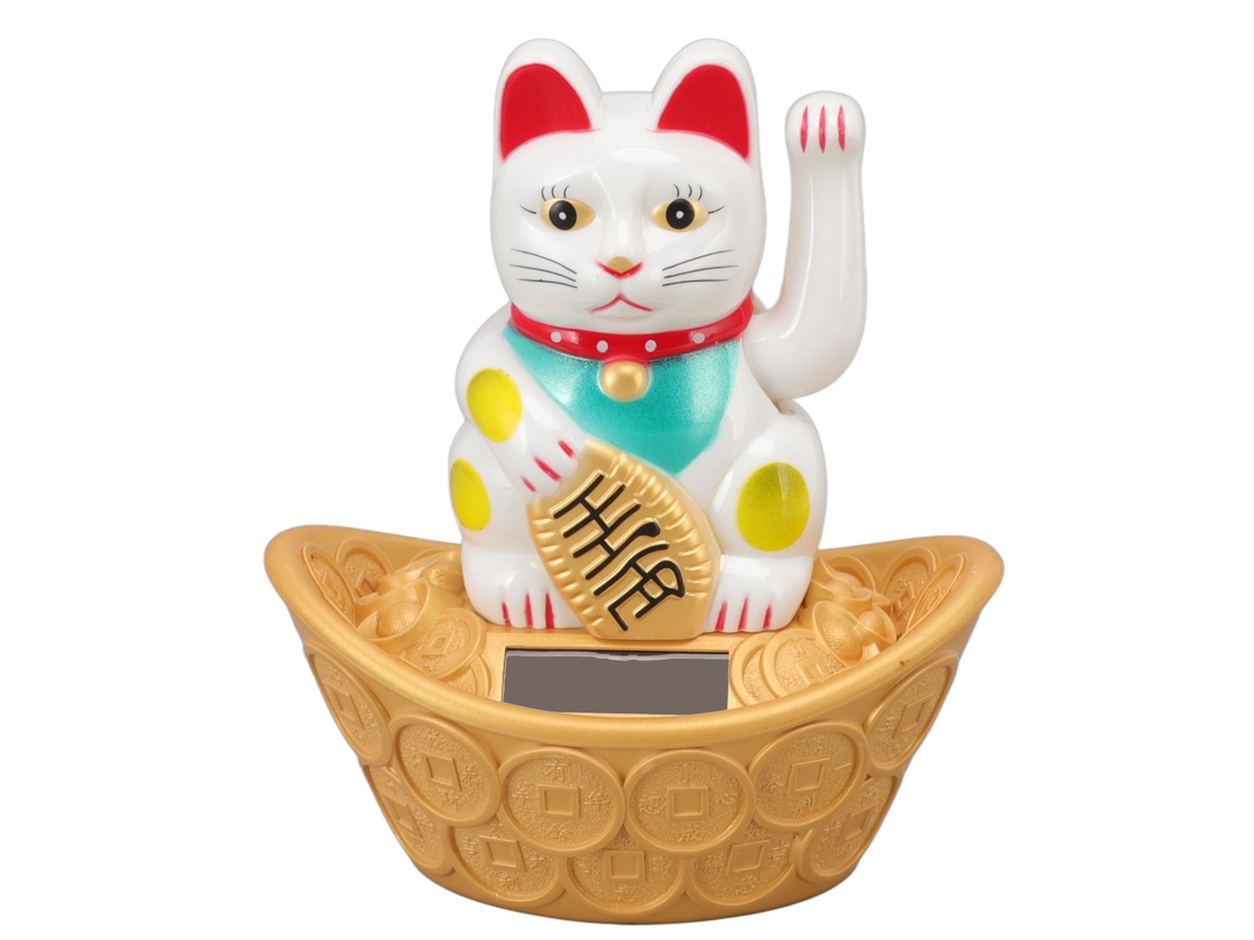 Gato da Sorte Solar Acenando, Ornamento de Plástico, Casa, Escritório, Mesa, Branco