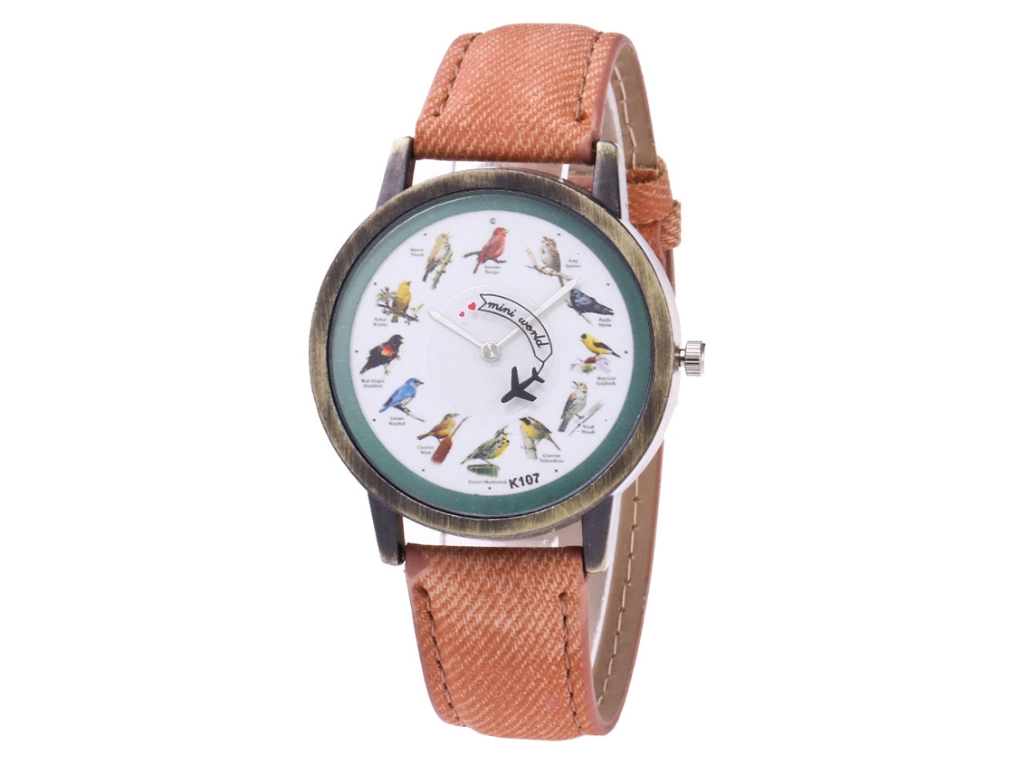 Relógio Zhoulianfa Quartz com pulseira de tecido e jeans, mostrador vintage com estampa animal (marrom)